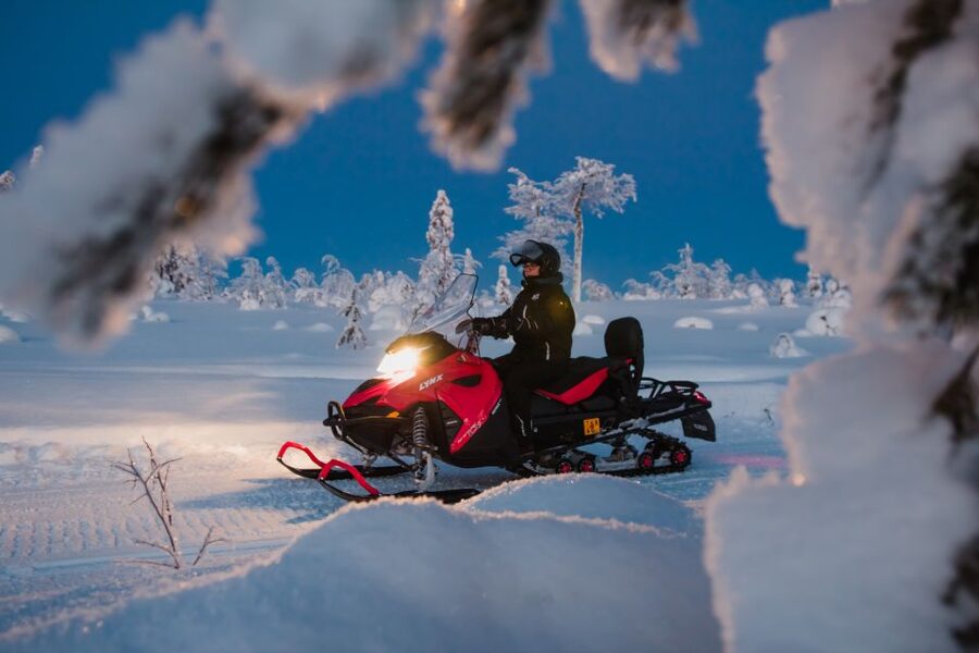 Levi: Evening Snowmobile Safari - Riding through snow-laden forest and over frozen lakes