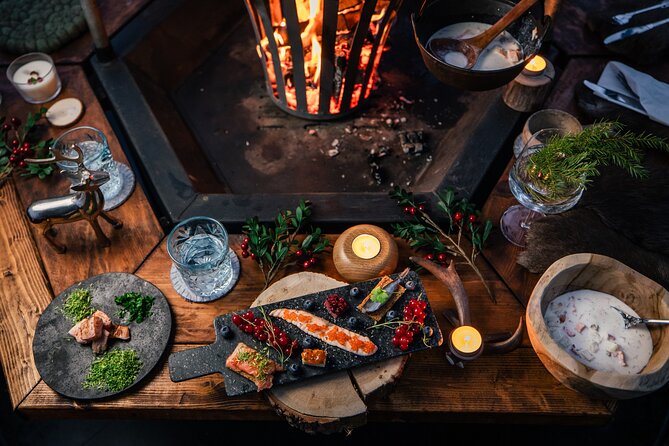 Santa Village Tour+Lapland Cuisine In Glass Igloo+Snow Scooters - Into the forest for lunch by the fire