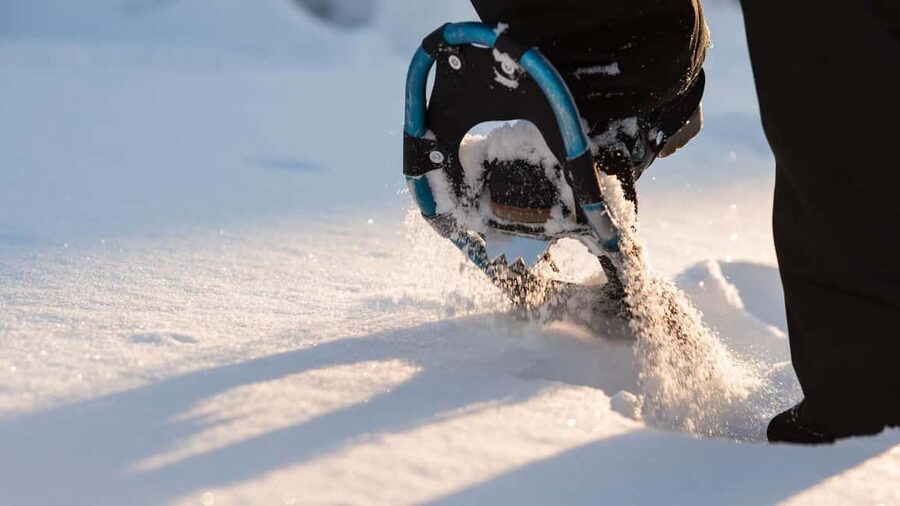 Snowshoeing in the Arctic Wilderness - Following the snowshoe route through forest and frozen water